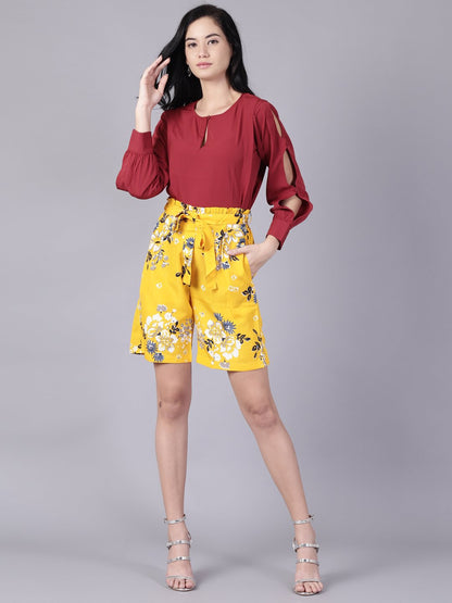 Women Mustard Yellowslip-On Printed  Polyester Shorts | LASVINI - Redefining Indian Fashion with Elegance