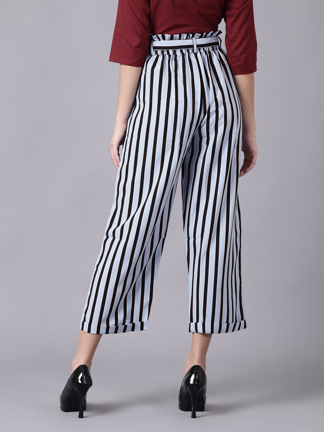 Women Sky Blue Striped Casual Texture Georgette Trouser | LASVINI - Redefining Indian Fashion with Elegance