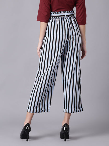 Women Sky Blue Striped Casual Texture Georgette Trouser | LASVINI - Redefining Indian Fashion with Elegance