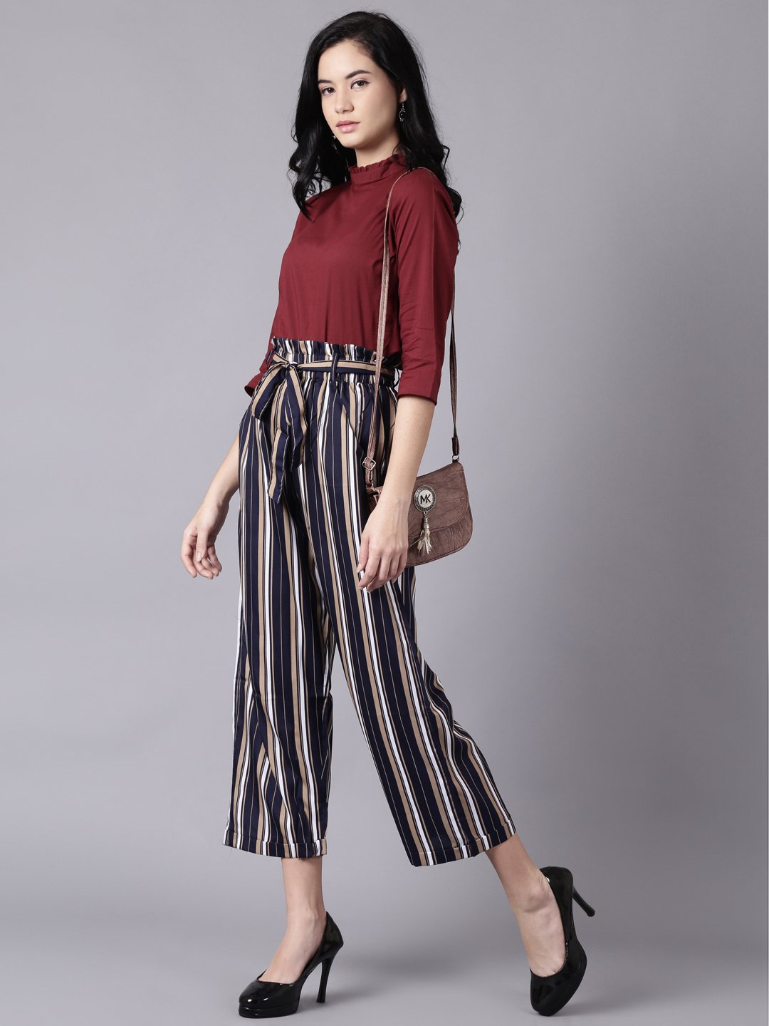 Women Navy Blue Striped Casual Crepe Trouser | LASVINI - Redefining Indian Fashion with Elegance