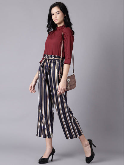 Women Navy Blue Striped Casual Crepe Trouser | LASVINI - Redefining Indian Fashion with Elegance