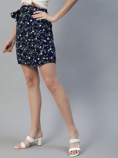 Women Navy Blue Floral Printed Mini Skirt | LASVINI - Redefining Indian Fashion with Elegance