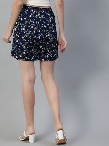 Women Navy Blue Floral Printed Mini Skirt | LASVINI - Redefining Indian Fashion with Elegance