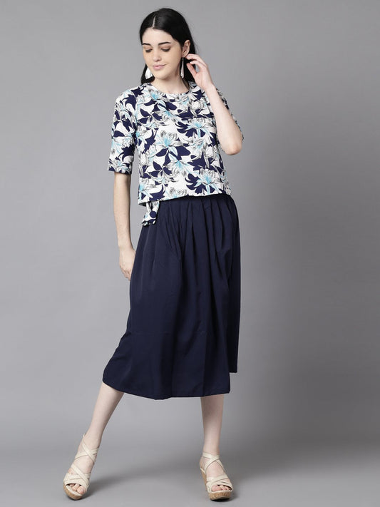 Women Navy Blue Slip-On Polyester Short Sleeves Skirt And Top Set | LASVINI - Redefining Indian Fashion with Elegance