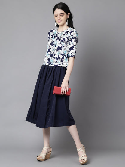 Women Navy Blue Slip-On Polyester Short Sleeves Skirt And Top Set | LASVINI - Redefining Indian Fashion with Elegance