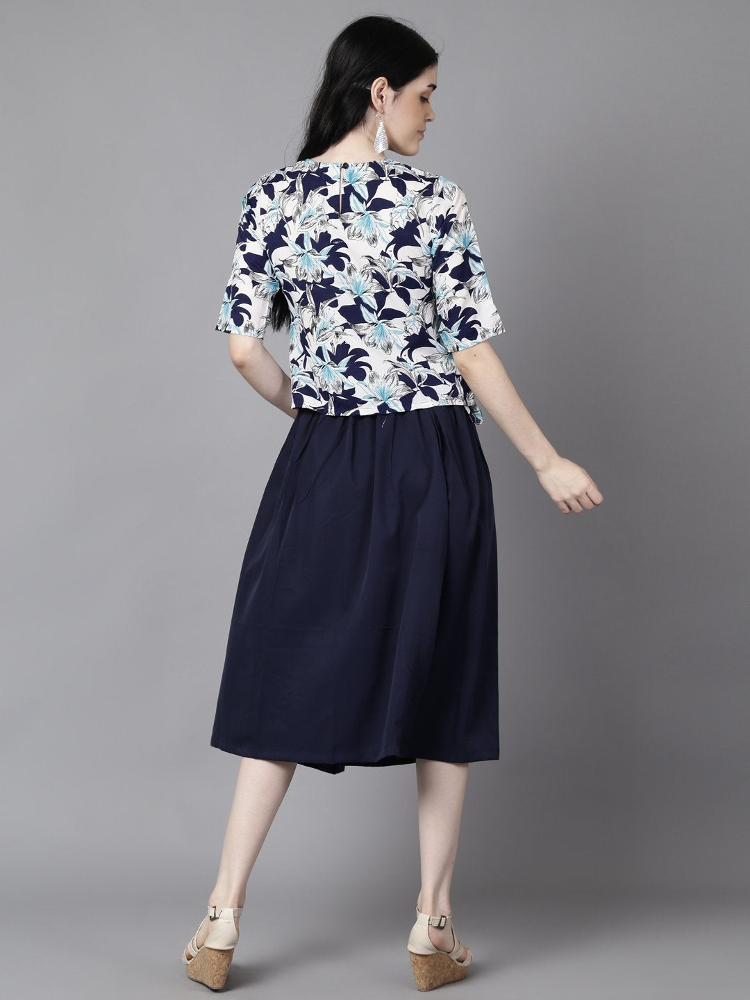 Women Navy Blue Slip-On Polyester Short Sleeves Skirt And Top Set | LASVINI - Redefining Indian Fashion with Elegance