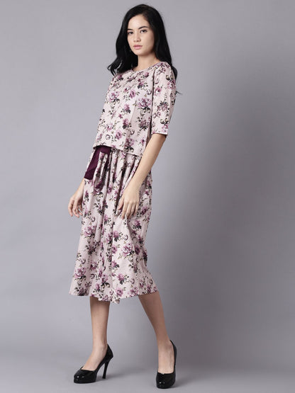 Women Beige Slip-On Polyester Short Sleeves Skirt And Top Set | LASVINI - Redefining Indian Fashion with Elegance