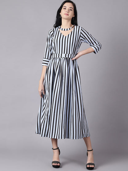 Women Sky Blue Striped Striped Choker Neck A-Line Dress | LASVINI - Redefining Indian Fashion with Elegance