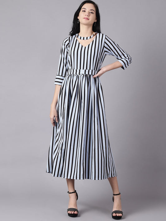 Women Sky Blue Striped Striped Choker Neck A-Line Dress | LASVINI - Redefining Indian Fashion with Elegance