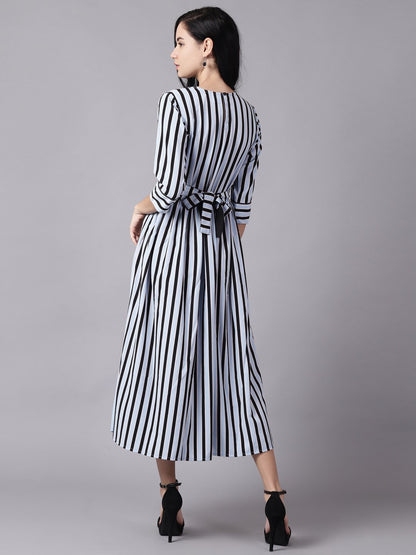 Women Sky Blue Striped Striped Choker Neck A-Line Dress | LASVINI - Redefining Indian Fashion with Elegance