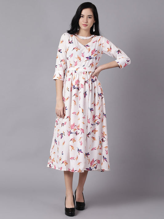 Women Off-White Floral Printed Choker Neck A-Line Dress | LASVINI - Redefining Indian Fashion with Elegance