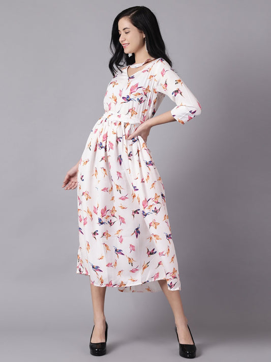 Women Off-White Floral Printed Choker Neck A-Line Dress | LASVINI - Redefining Indian Fashion with Elegance