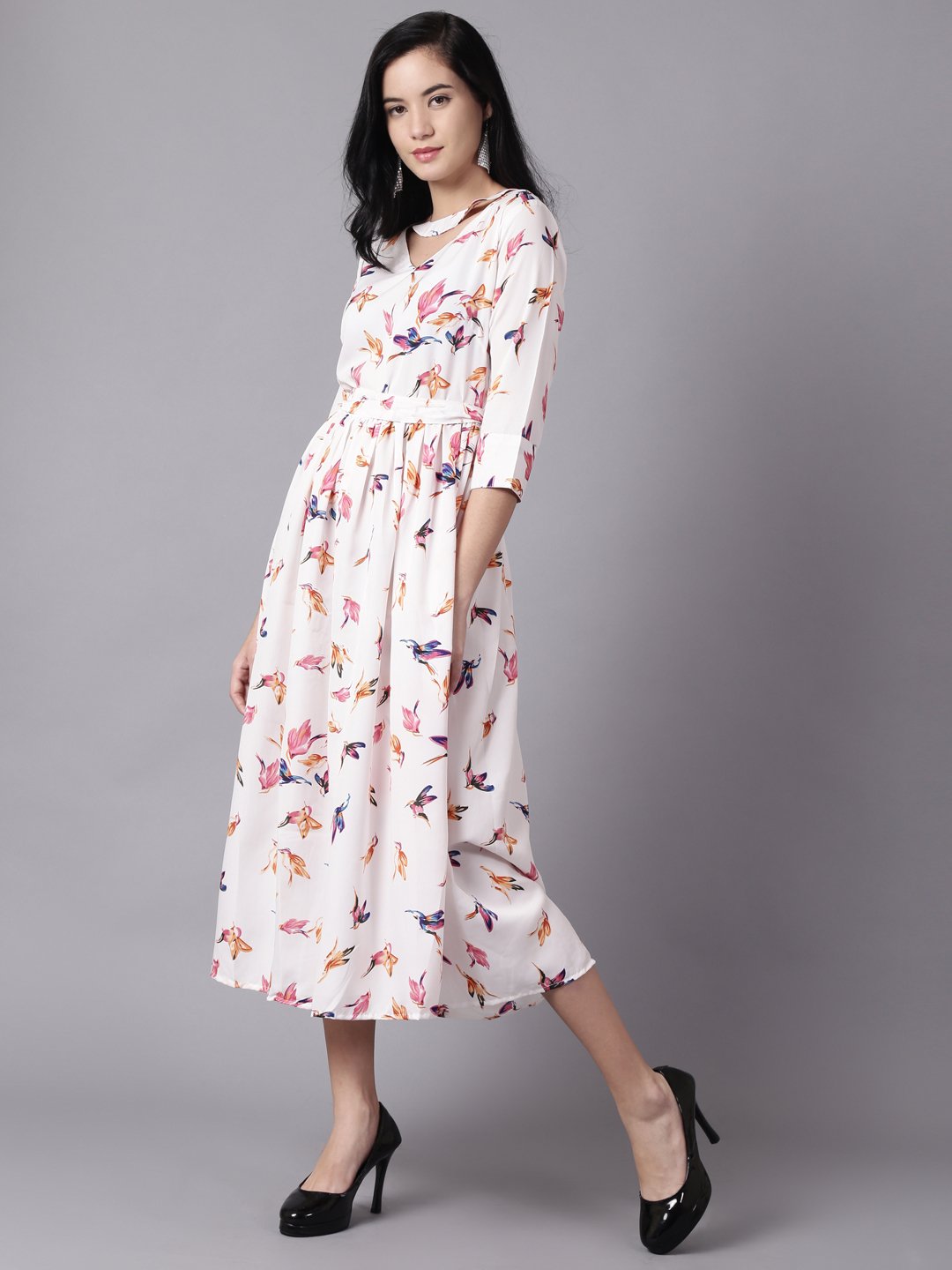 Women Off-White Floral Printed Choker Neck A-Line Dress | LASVINI - Redefining Indian Fashion with Elegance