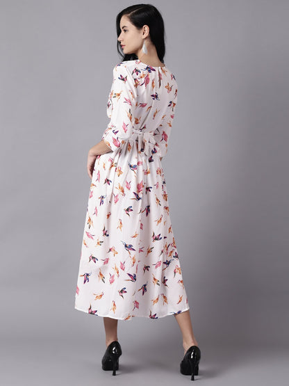 Women Off-White Floral Printed Choker Neck A-Line Dress | LASVINI - Redefining Indian Fashion with Elegance