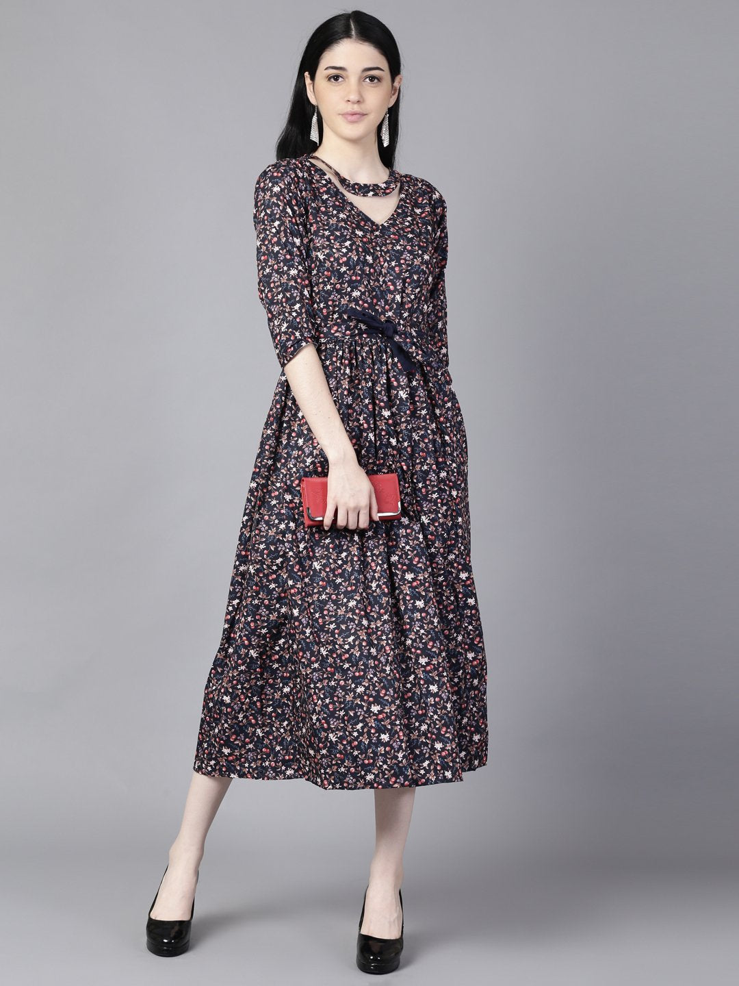 Women Navy Blue Floral Printed Choker Neck A-Line Dress | LASVINI - Redefining Indian Fashion with Elegance