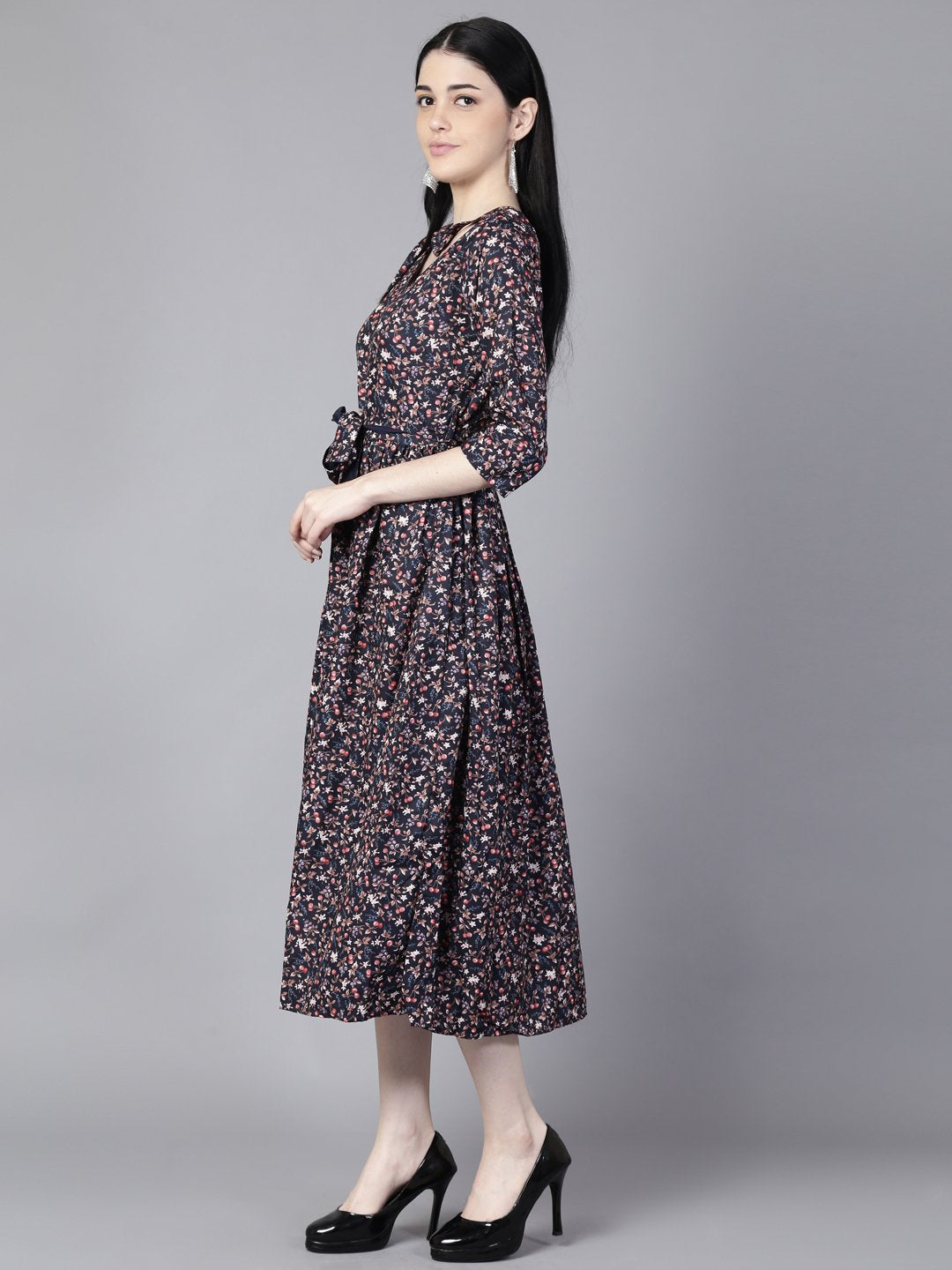 Women Navy Blue Floral Printed Choker Neck A-Line Dress | LASVINI - Redefining Indian Fashion with Elegance