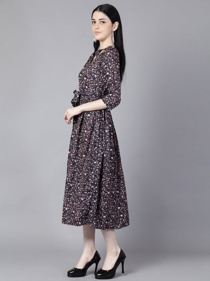 Women Navy Blue Floral Printed Choker Neck A-Line Dress | LASVINI - Redefining Indian Fashion with Elegance