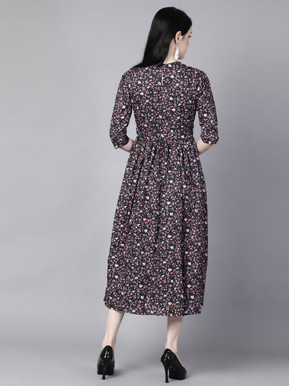 Women Navy Blue Floral Printed Choker Neck A-Line Dress | LASVINI - Redefining Indian Fashion with Elegance