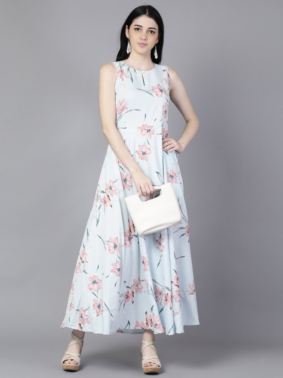 Women Blue Floral Printed Sleevless Maxi Dress | LASVINI - Redefining Indian Fashion with Elegance