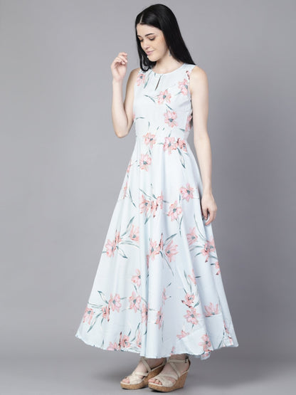 Women Blue Floral Printed Sleevless Maxi Dress | LASVINI - Redefining Indian Fashion with Elegance