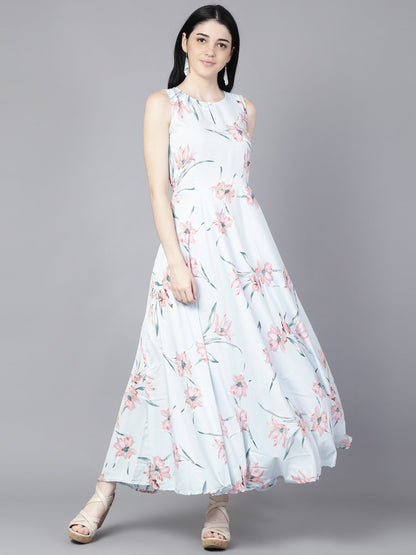 Women Blue Floral Printed Sleevless Maxi Dress | LASVINI - Redefining Indian Fashion with Elegance