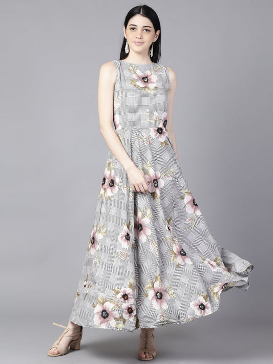 Women Black (Multi) Floral Printed Round Neck Fit And Flare Dress | LASVINI - Redefining Indian Fashion with Elegance