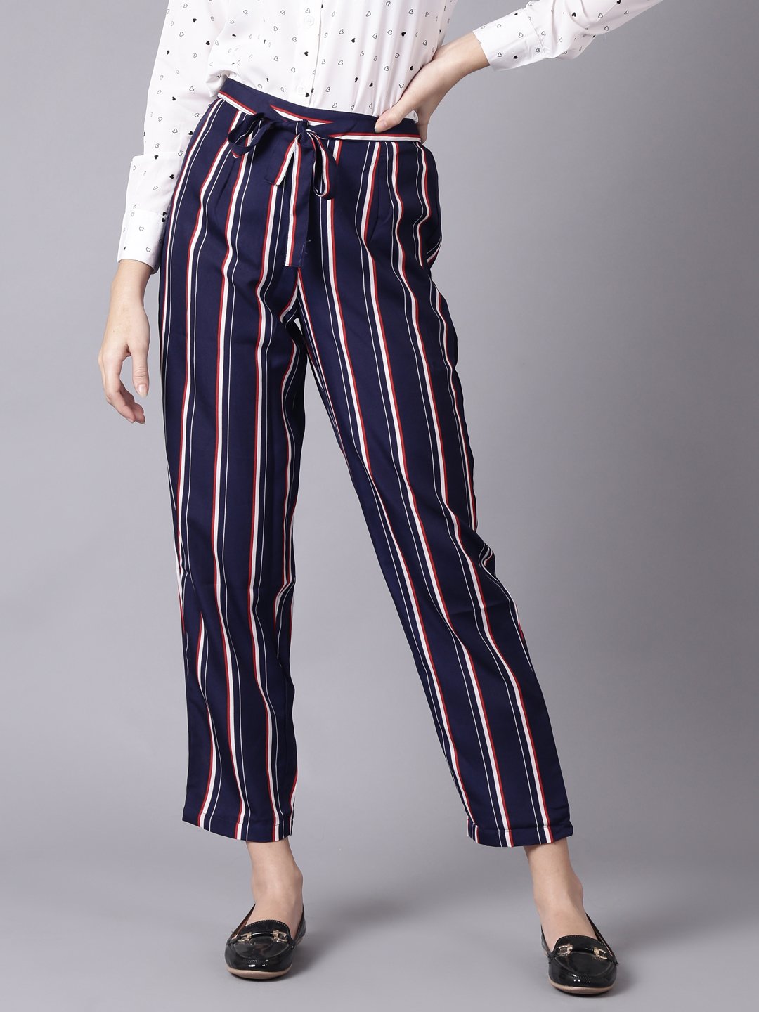 Women Navy Blue Striped Casual Crepe Trouser | LASVINI - Redefining Indian Fashion with Elegance