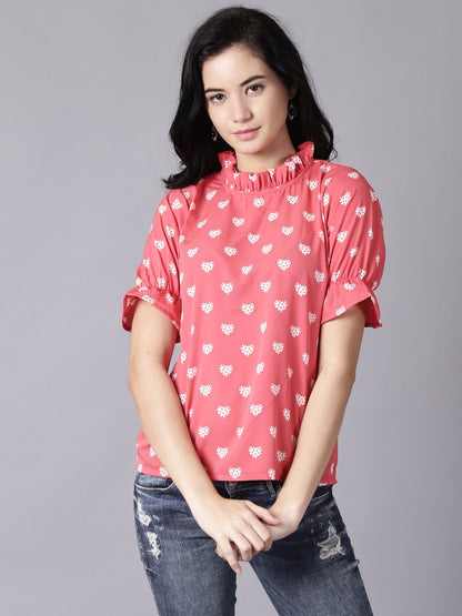 Women Coral Casual Printed High Neck Top | LASVINI - Redefining Indian Fashion with Elegance