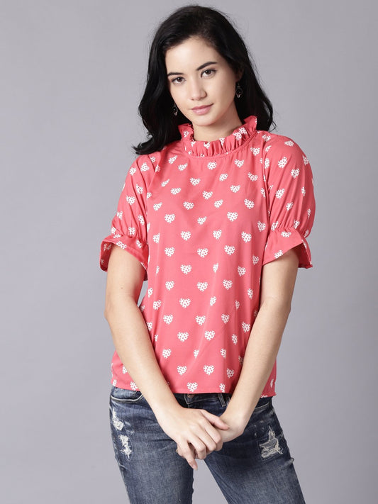 Women Coral Casual Printed High Neck Top | LASVINI - Redefining Indian Fashion with Elegance
