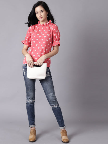 Women Coral Casual Printed High Neck Top | LASVINI - Redefining Indian Fashion with Elegance