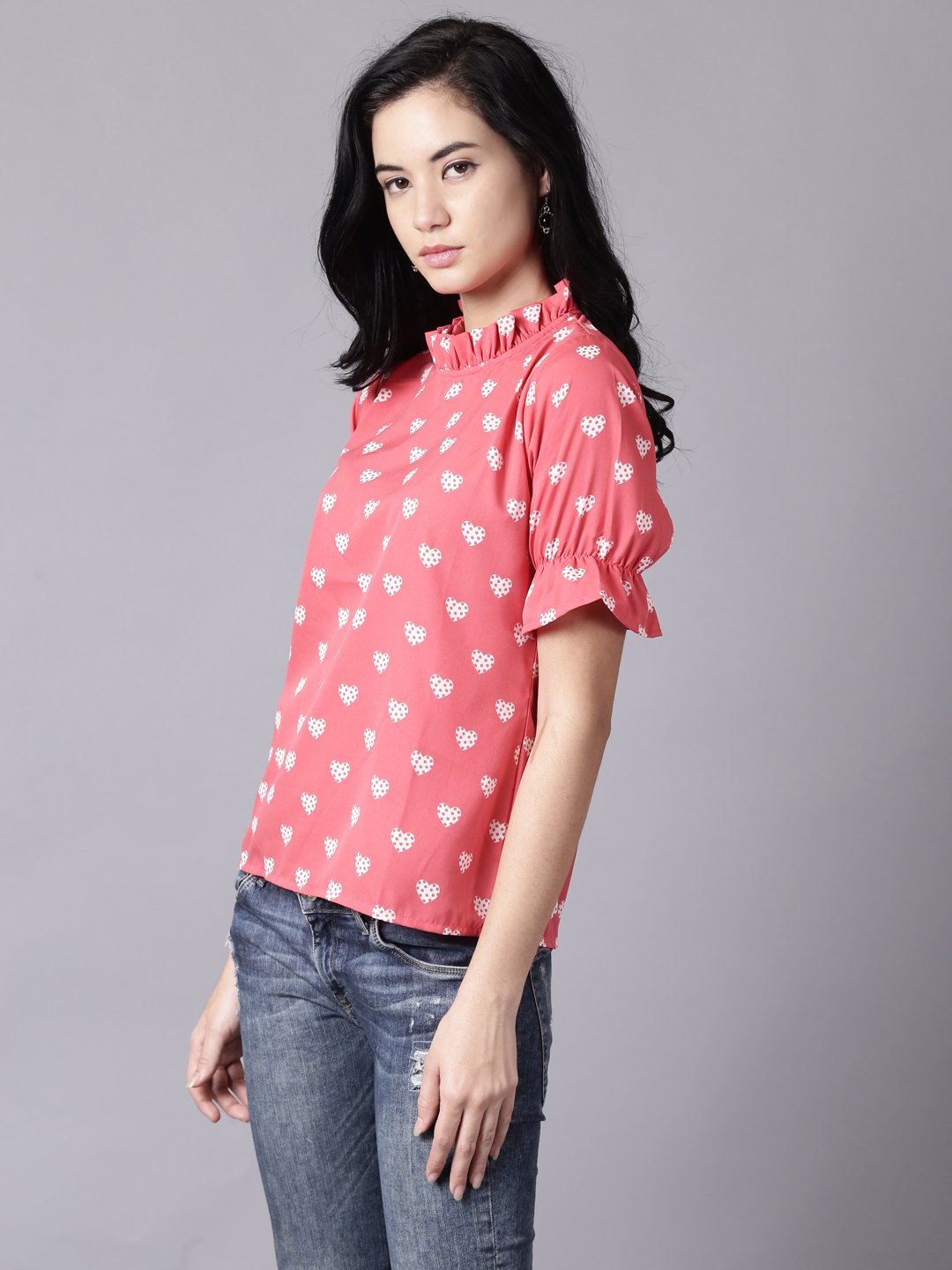 Women Coral Casual Printed High Neck Top | LASVINI - Redefining Indian Fashion with Elegance