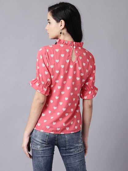 Women Coral Casual Printed High Neck Top | LASVINI - Redefining Indian Fashion with Elegance
