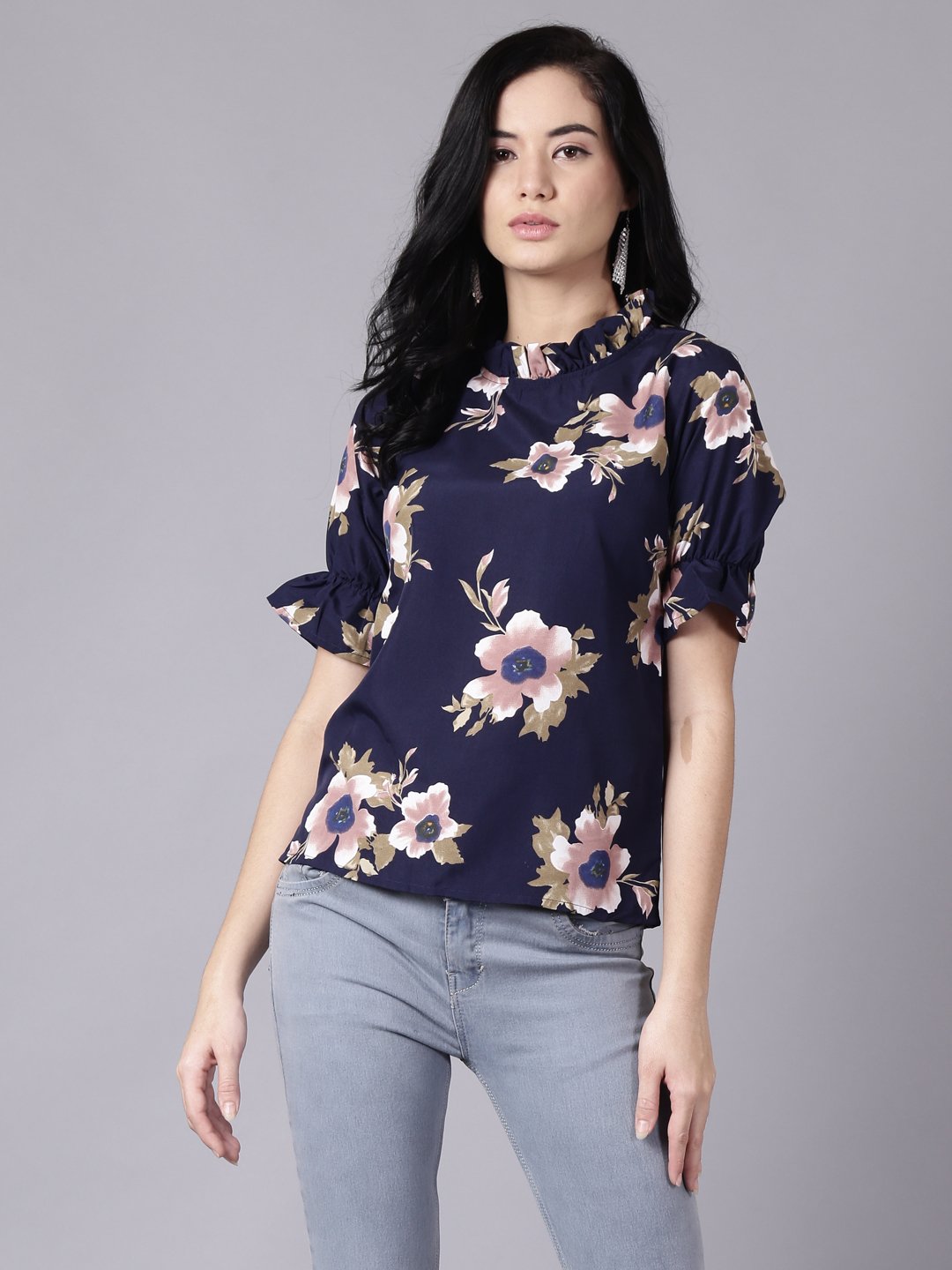Women Navy Blue Casual Printed High Neck Top | LASVINI - Redefining Indian Fashion with Elegance