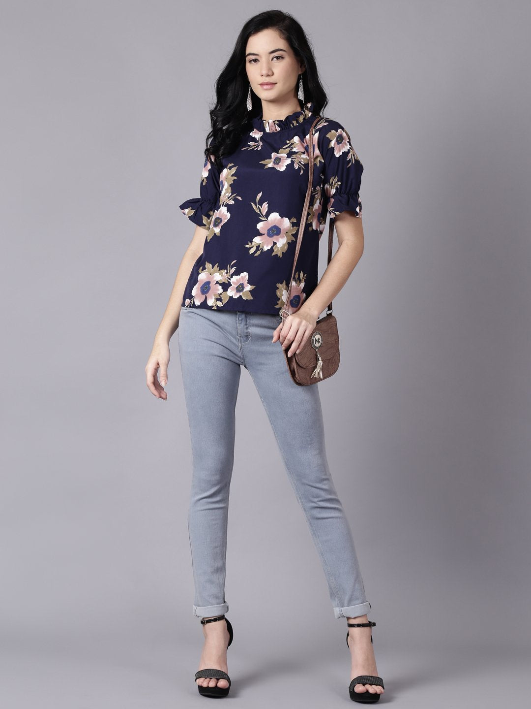 Women Navy Blue Casual Printed High Neck Top | LASVINI - Redefining Indian Fashion with Elegance