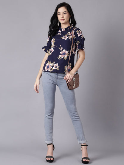 Women Navy Blue Casual Printed High Neck Top | LASVINI - Redefining Indian Fashion with Elegance