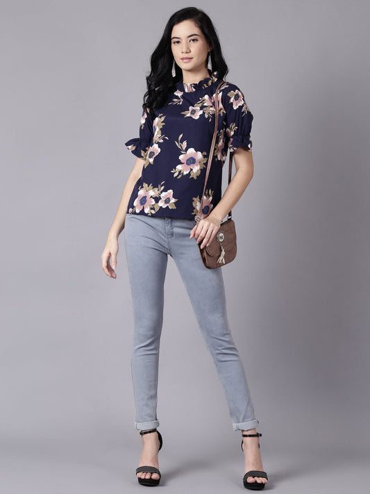 Women Navy Blue Casual Printed High Neck Top | LASVINI - Redefining Indian Fashion with Elegance