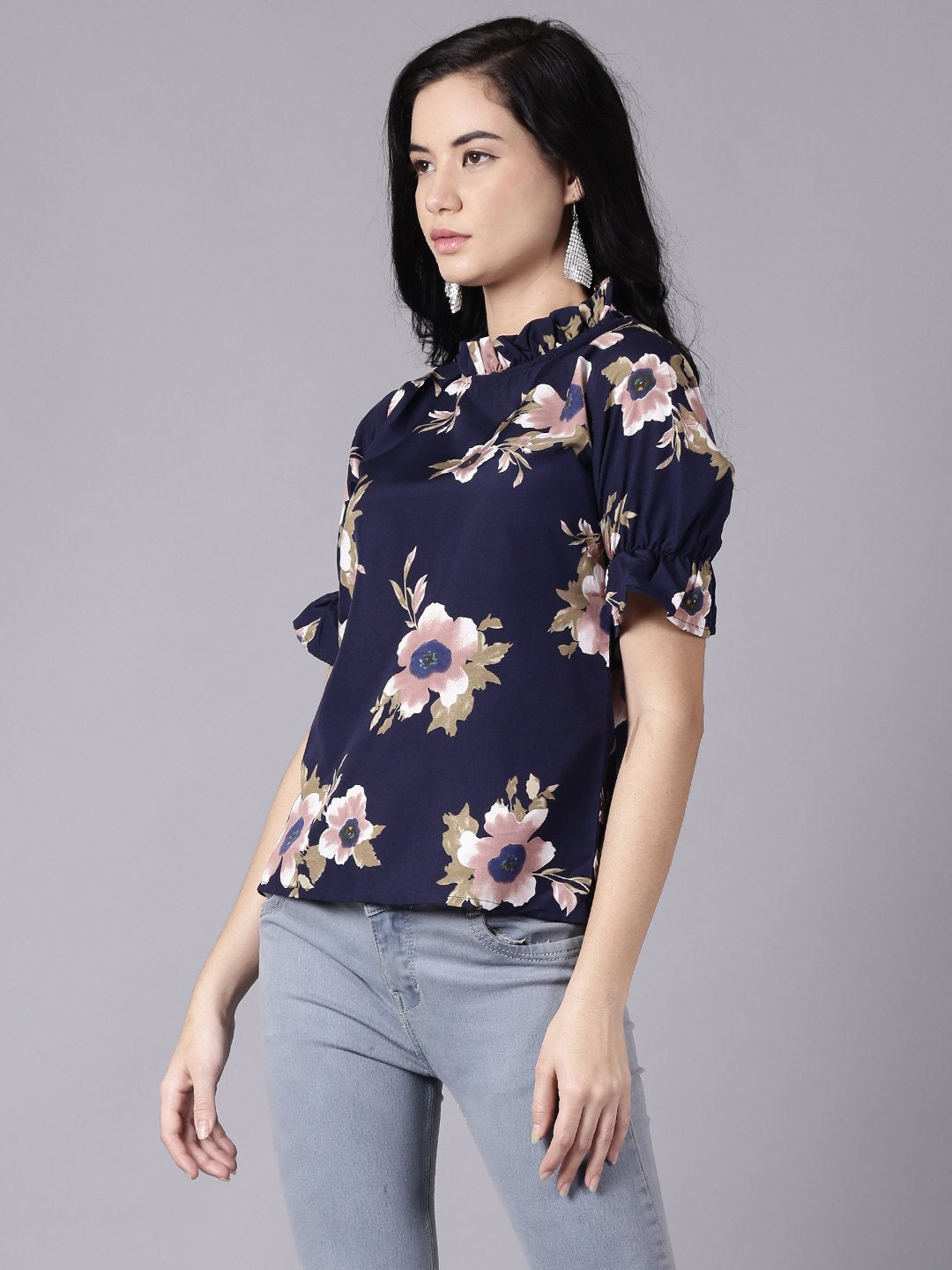 Women Navy Blue Casual Printed High Neck Top | LASVINI - Redefining Indian Fashion with Elegance