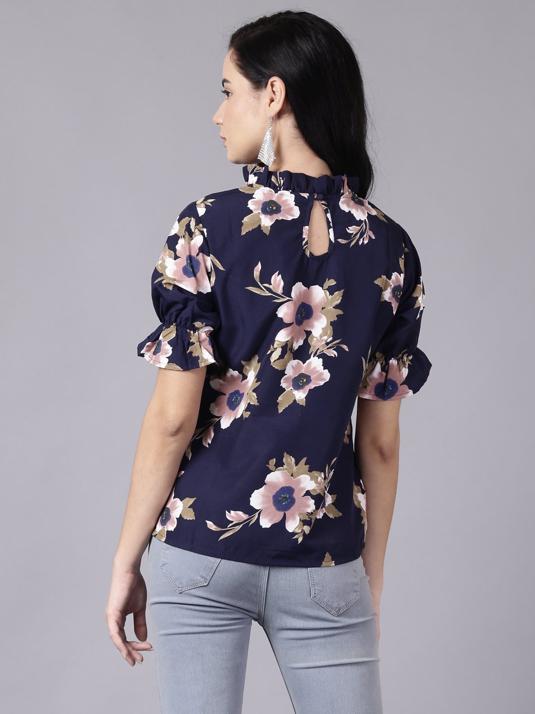 Women Navy Blue Casual Printed High Neck Top | LASVINI - Redefining Indian Fashion with Elegance