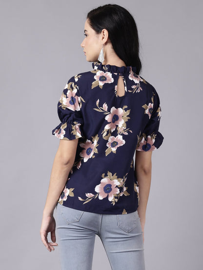 Women Navy Blue Casual Printed High Neck Top | LASVINI - Redefining Indian Fashion with Elegance