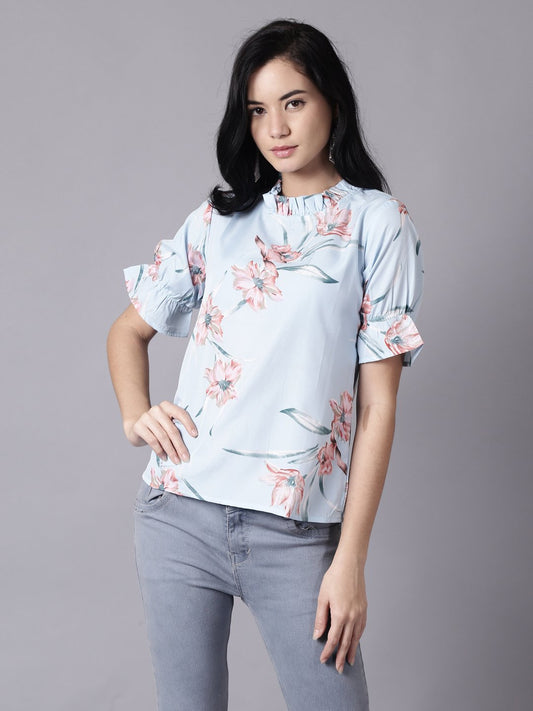 Women Powder Blue Casual Printed High Neck Top | LASVINI - Redefining Indian Fashion with Elegance