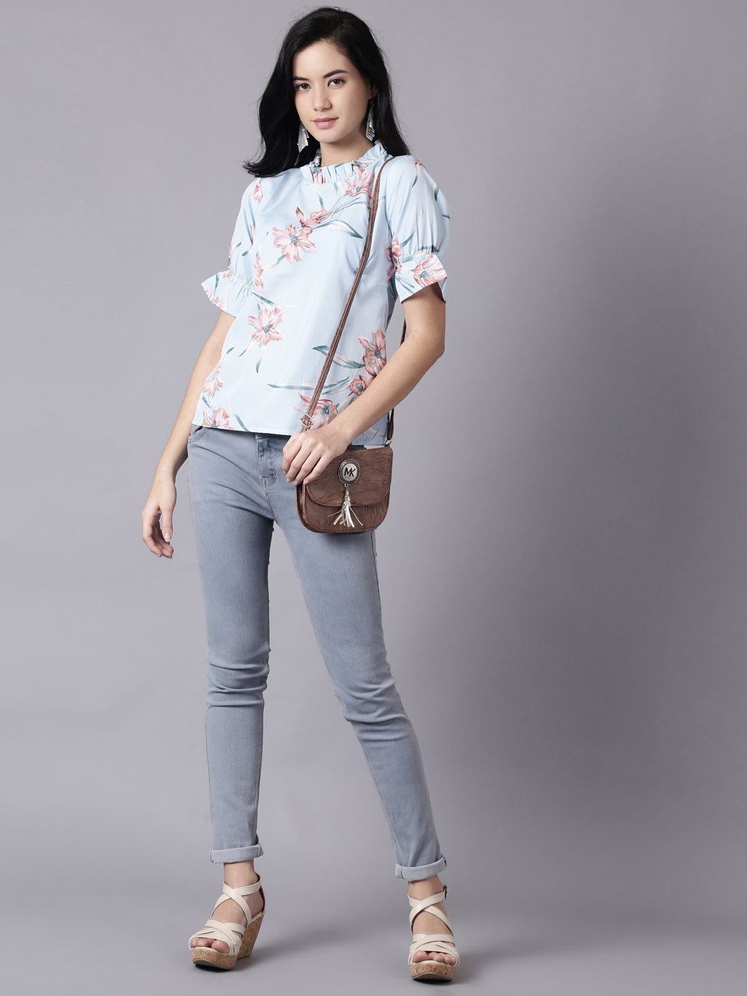 Women Powder Blue Casual Printed High Neck Top | LASVINI - Redefining Indian Fashion with Elegance
