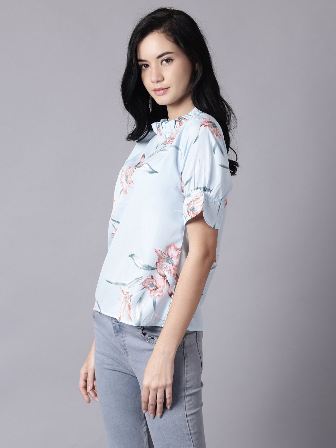 Women Powder Blue Casual Printed High Neck Top | LASVINI - Redefining Indian Fashion with Elegance