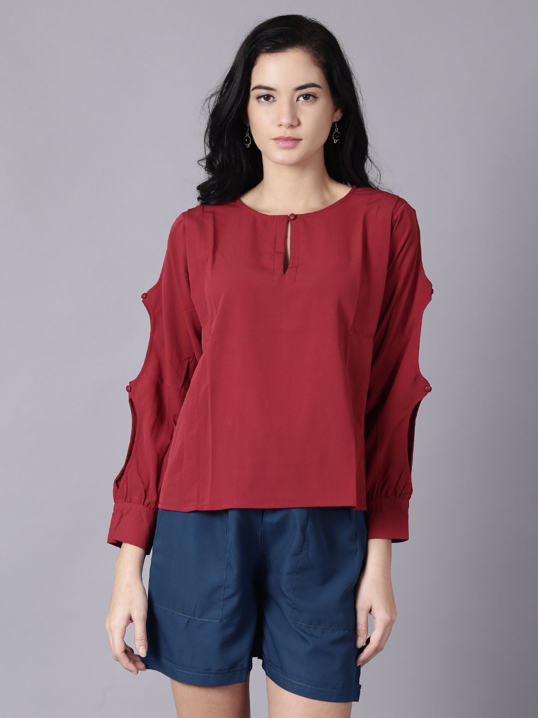 Women Maroon Casual Solid Keyhole Neck Top | LASVINI - Redefining Indian Fashion with Elegance