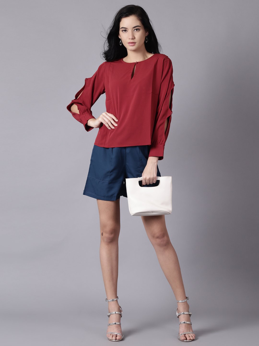 Women Maroon Casual Solid Keyhole Neck Top | LASVINI - Redefining Indian Fashion with Elegance