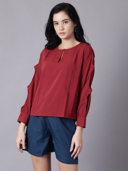 Women Maroon Casual Solid Keyhole Neck Top | LASVINI - Redefining Indian Fashion with Elegance