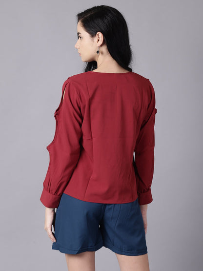 Women Maroon Casual Solid Keyhole Neck Top | LASVINI - Redefining Indian Fashion with Elegance