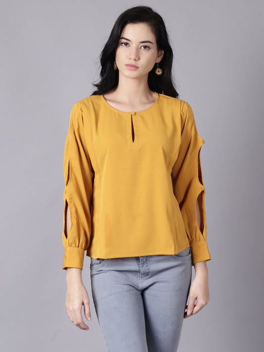 Women Mustard Yellow Casual Solid Keyhole Neck Top | LASVINI - Redefining Indian Fashion with Elegance
