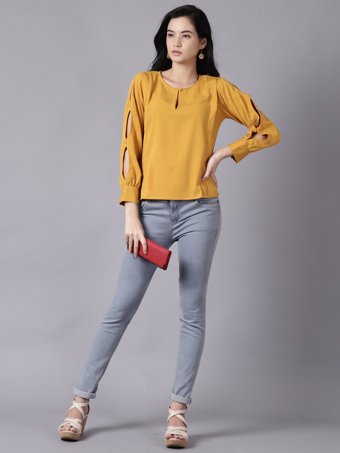 Women Mustard Yellow Casual Solid Keyhole Neck Top | LASVINI - Redefining Indian Fashion with Elegance