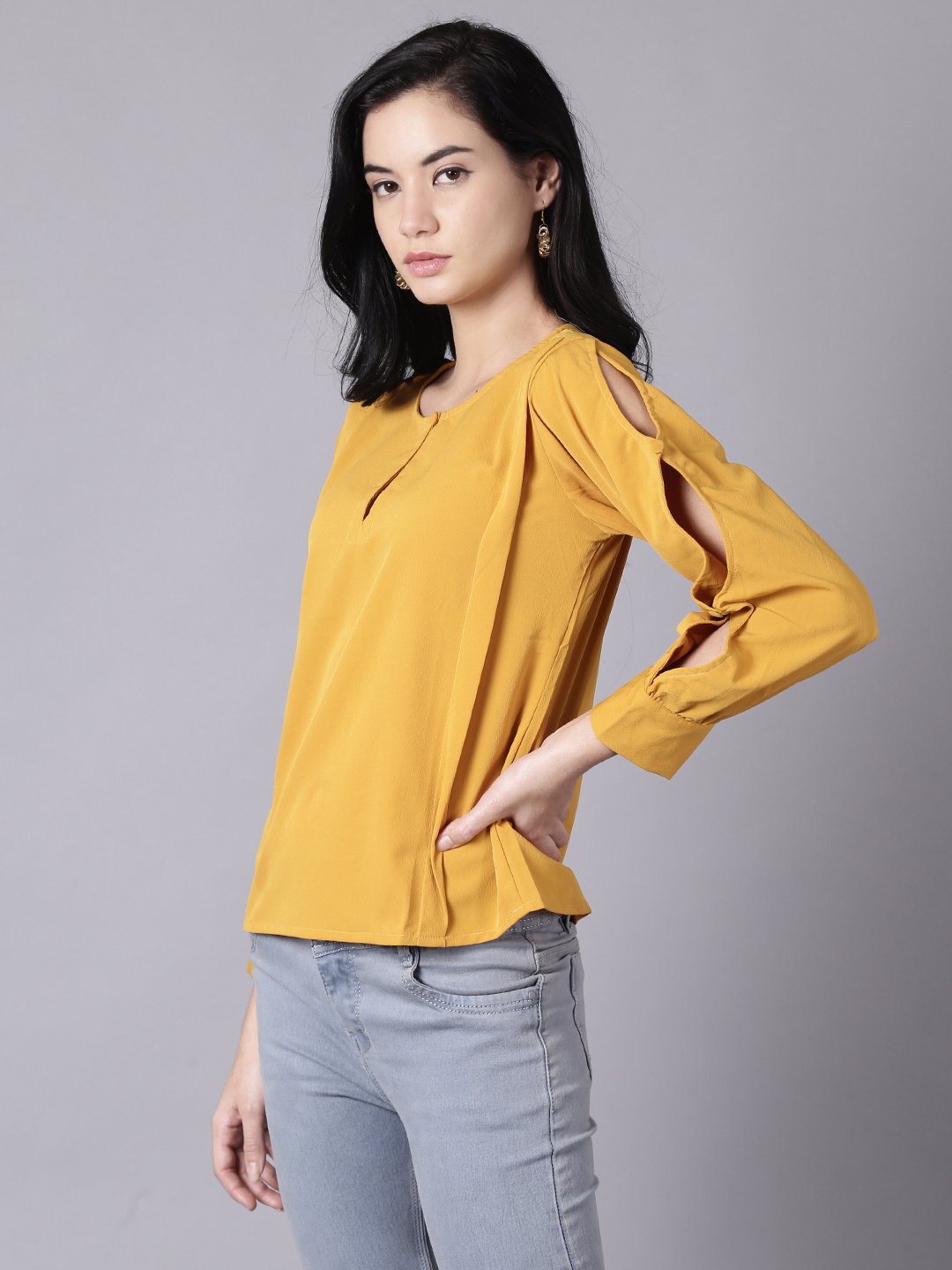 Women Mustard Yellow Casual Solid Keyhole Neck Top | LASVINI - Redefining Indian Fashion with Elegance