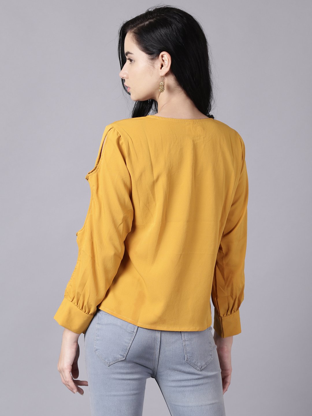 Women Mustard Yellow Casual Solid Keyhole Neck Top | LASVINI - Redefining Indian Fashion with Elegance